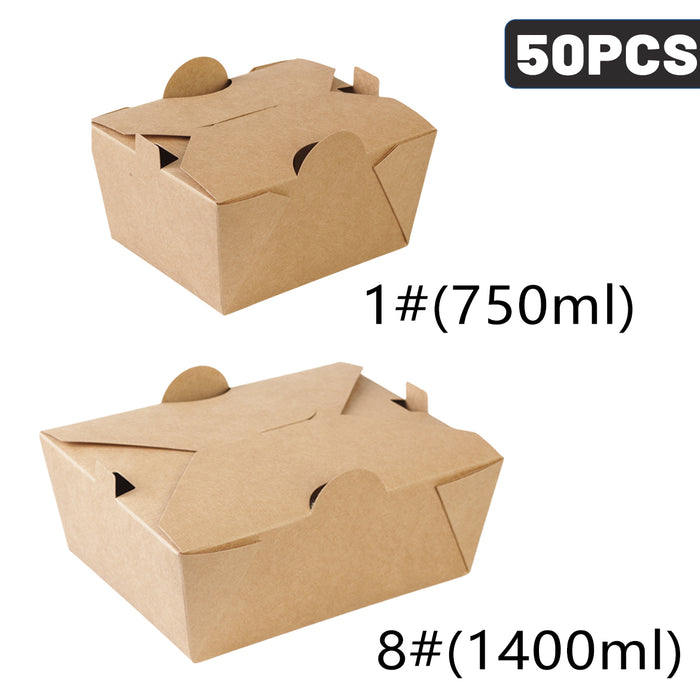 50PCS Disposable Kraft Paper Food Boxes, PE-Coated, Leak-Resistant, 750ml/1400ml