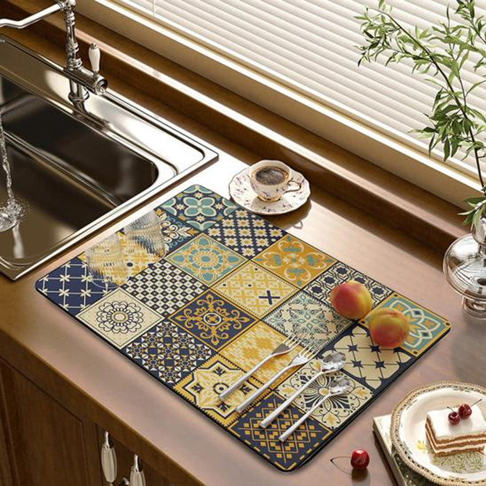 Absorbent Kitchen Drain Mat Non-Slip Countertop Drying Pad Mosaic Pattern 40x30cm