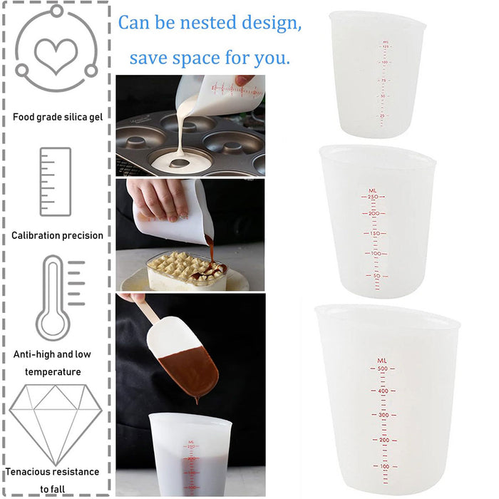 3 Pcs Silicone Measuring Cups White Double Scale 125ml 250ml 500ml