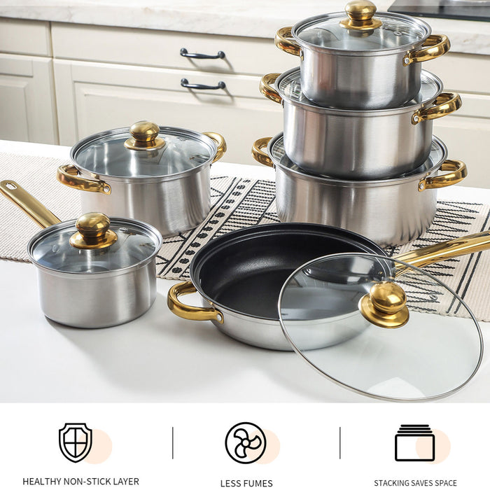 12 Pcs Stainless Steel Cookware Set Non-Stick Pots and Pans
