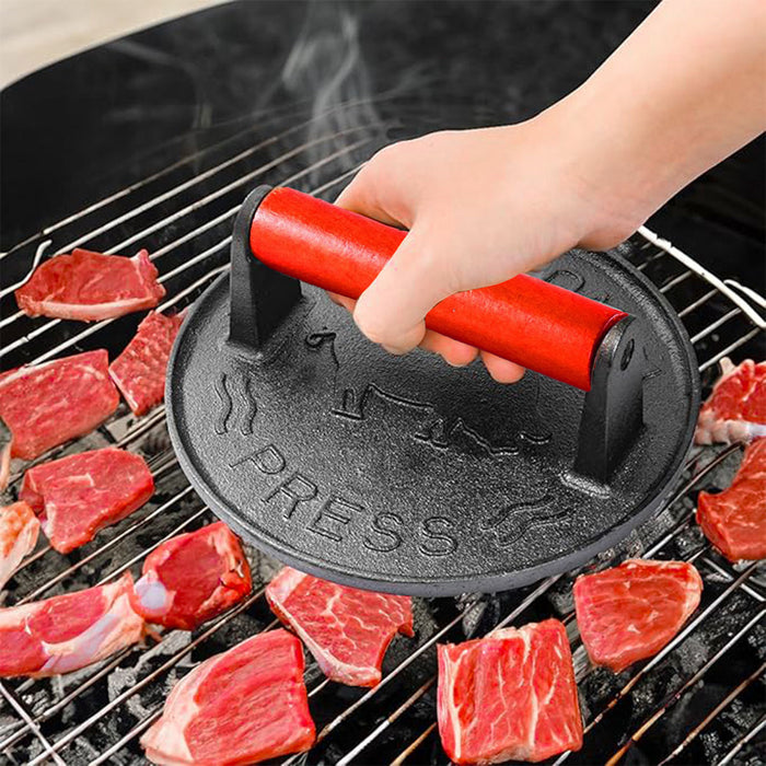 2PCS Cast Iron Meat Press Beech Wood Handle Round Square