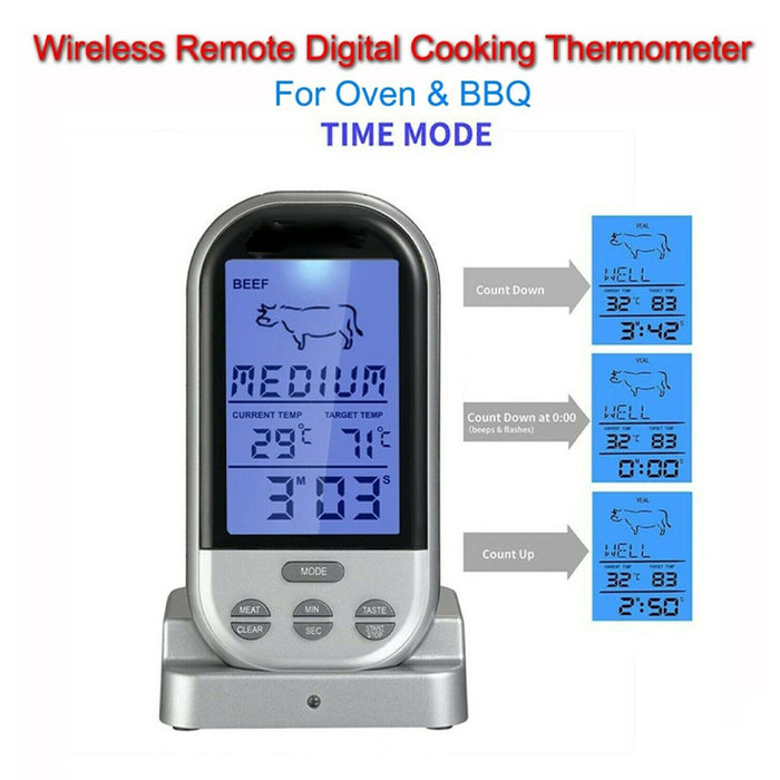 Wireless Remote Cooking Thermometer with Timer, Silver Grey