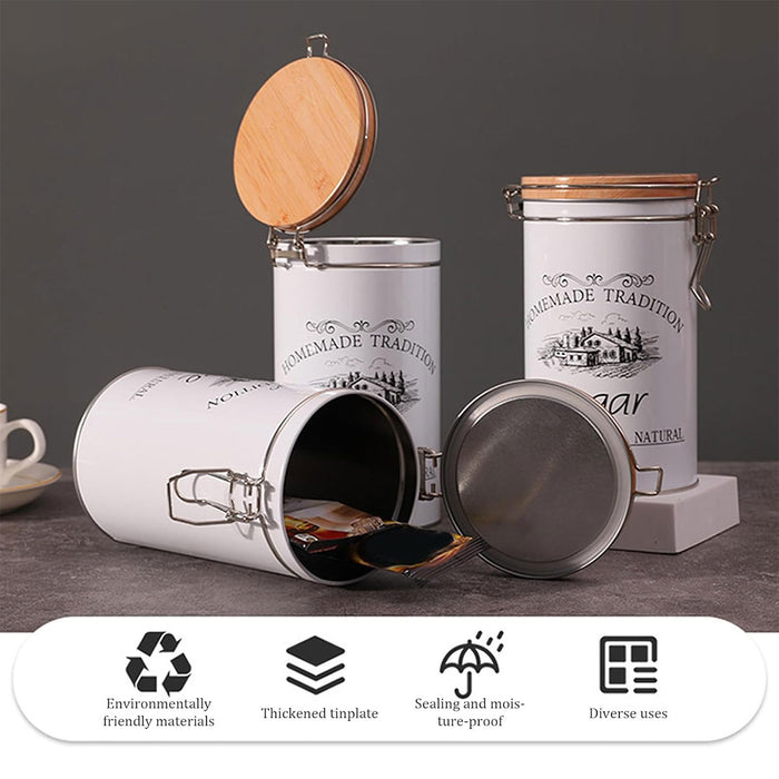 3PCS White Tinplate Coffee Tea Sugar Storage Jar Set