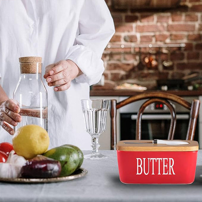 Ceramic Butter Box with Bamboo Lid Knife Slot 14.5cm