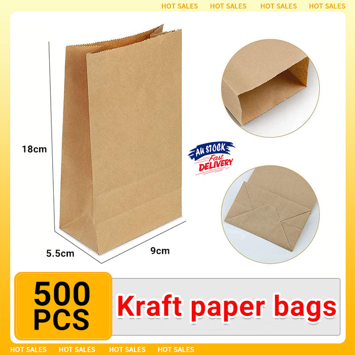 500Pcs Kraft Paper Bags Food Grade Recyclable for Bakery and Takeaway Use