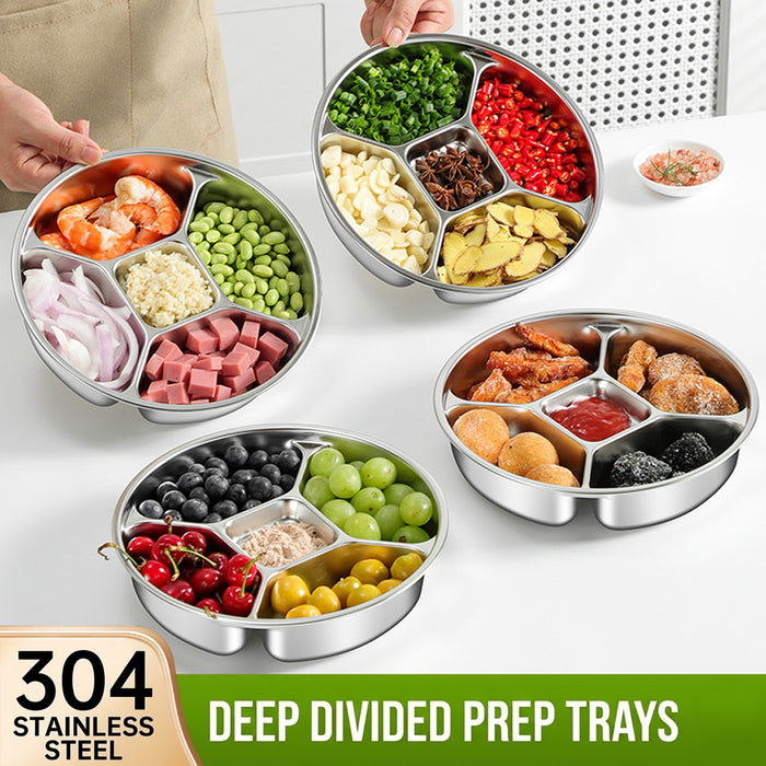 304 Stainless Steel 5-Compartment Side Dish Prep Plate 22.5 cm Food-Grade