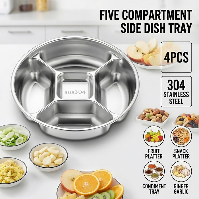 304 Stainless Steel 5-Compartment Side Dish Prep Plate 22.5 cm Food-Grade