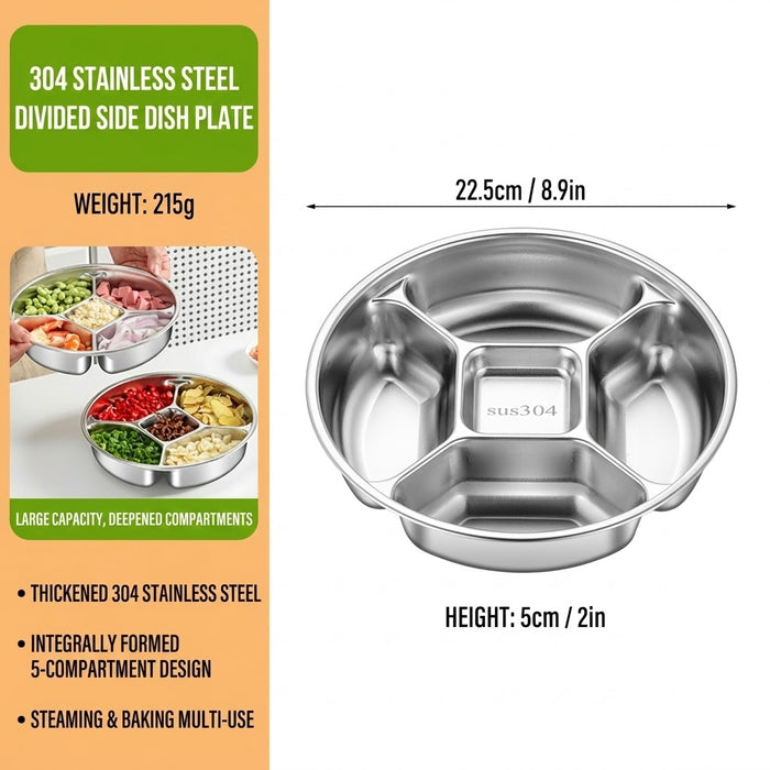 304 Stainless Steel 5-Compartment Side Dish Prep Plate 22.5 cm Food-Grade