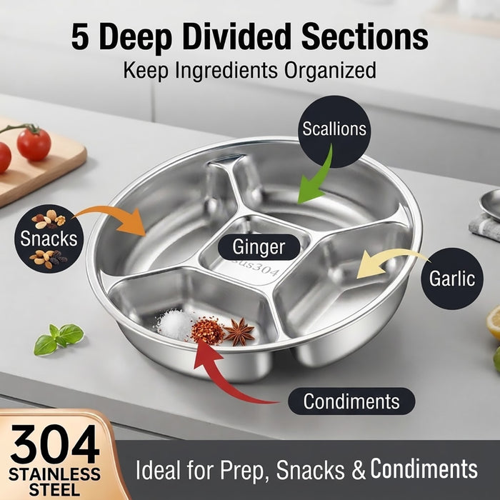 304 Stainless Steel 5-Compartment Side Dish Prep Plate 22.5 cm Food-Grade