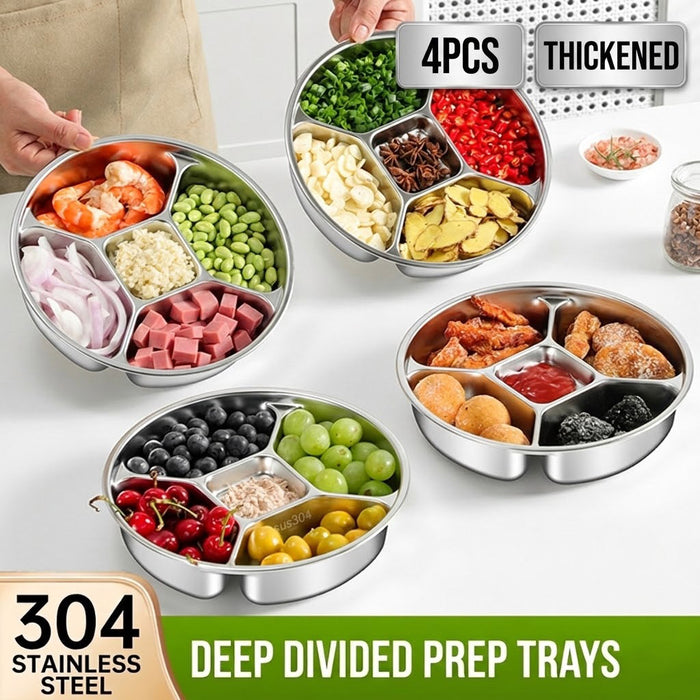304 Stainless Steel 5-Compartment Side Dish Prep Plate 22.5 cm Food-Grade