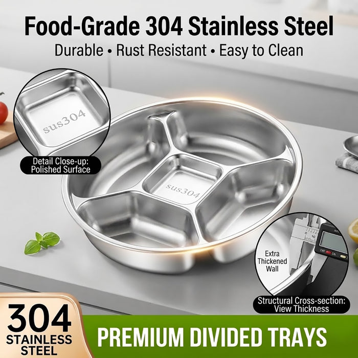 304 Stainless Steel 5-Compartment Side Dish Prep Plate 22.5 cm Food-Grade