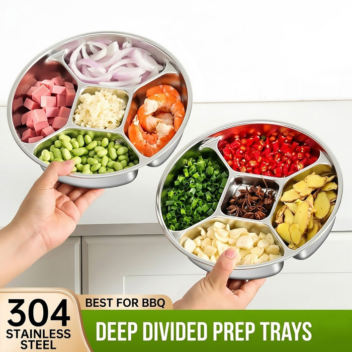 304 Stainless Steel 5-Compartment Side Dish Prep Plate 22.5 cm Food-Grade