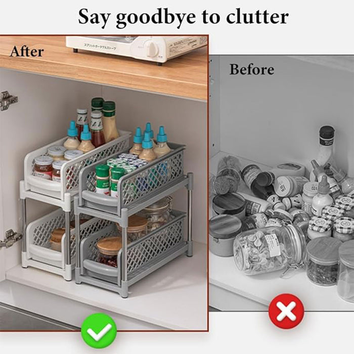 2 Tier Spice Rack Storage Organiser Plastic with Pull-Out Drawer