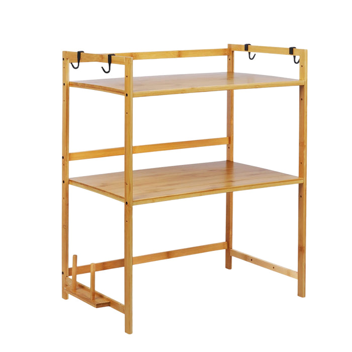 Expandable Microwave Rack Shelf Adjustable Bamboo With Hooks