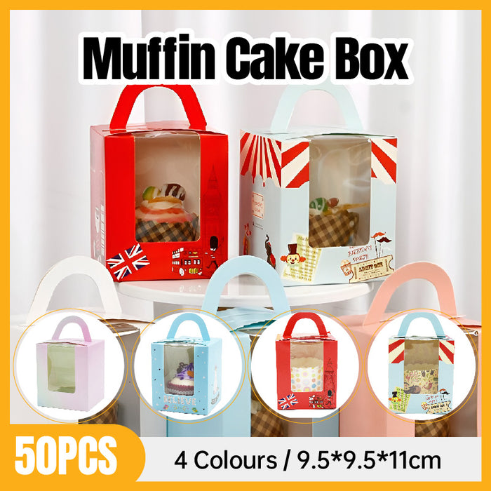 50 Pcs Muffin Cake Boxes with Clear Window and Handle 4 Styles