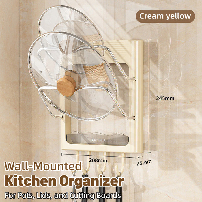 Wall Mounted Pot Lid Rack With Hooks Cream Yellow 24.5cm