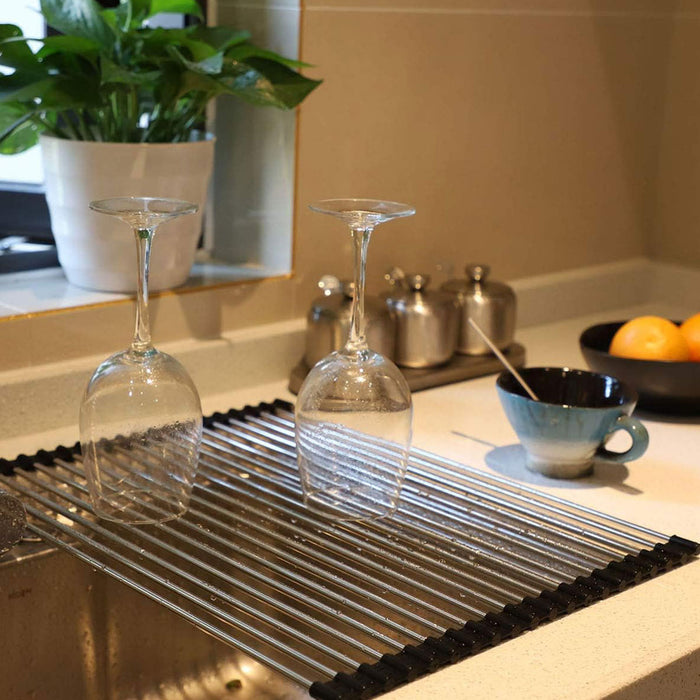Stainless Steel Folding Sink Draining Rack with Silicone Pad