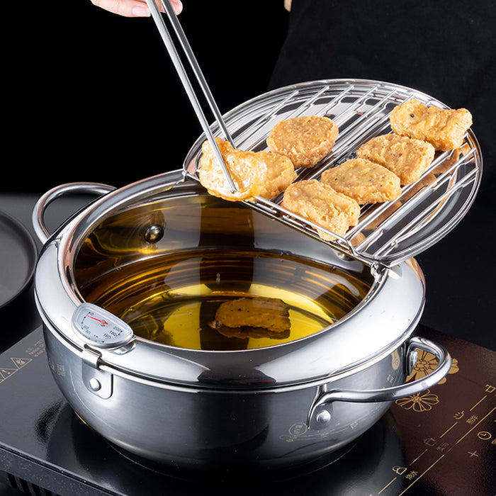 304 Stainless Steel Japanese Tempura Fryer 4.2L Oil-Saving with Thermometer