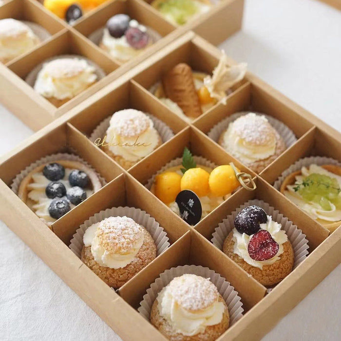10 Pcs Nine-Grid Cake Box Transparent Lid Kraft Paper PET 25 x 25 x 10 cm