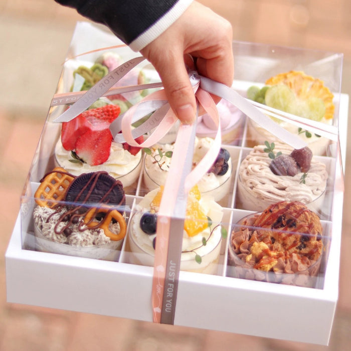 10 Pcs Nine-Grid Cake Box Transparent Lid Kraft Paper PET 25 x 25 x 10 cm