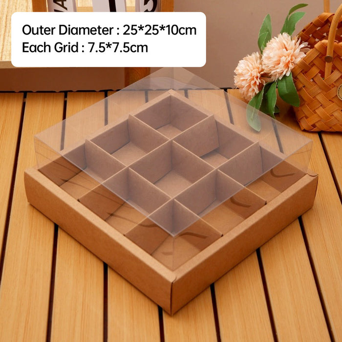 10 Pcs Nine-Grid Cake Box Transparent Lid Kraft Paper PET 25 x 25 x 10 cm