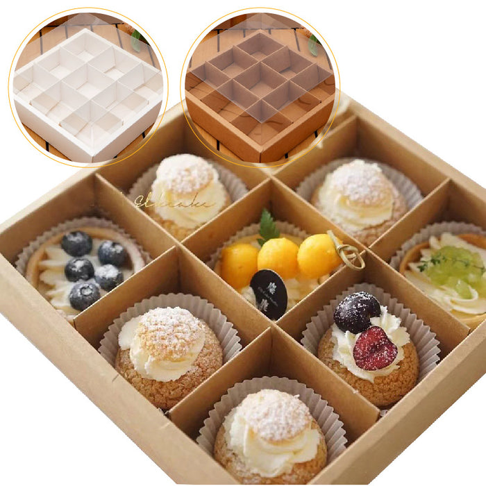 10 Pcs Nine-Grid Cake Box Transparent Lid Kraft Paper PET 25 x 25 x 10 cm