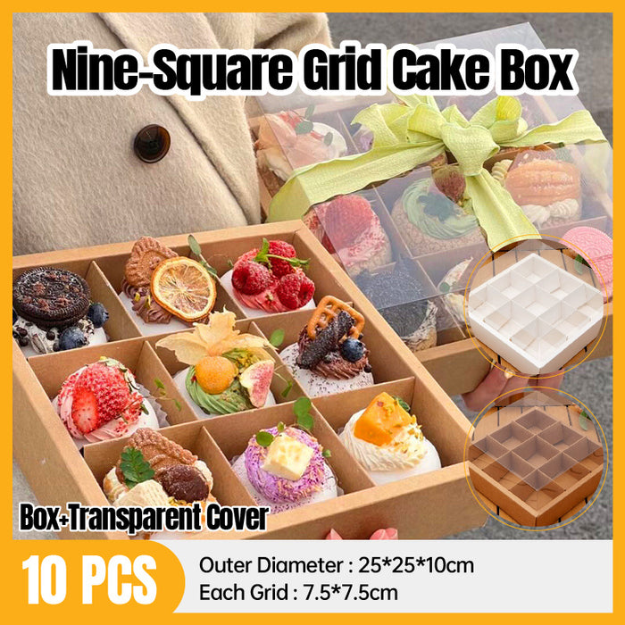 10 Pcs Nine-Grid Cake Box Transparent Lid Kraft Paper PET 25 x 25 x 10 cm