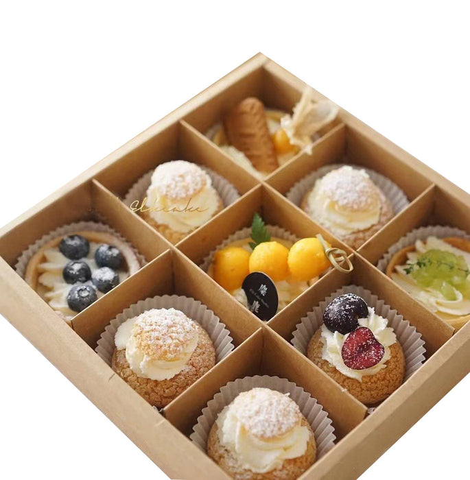 10 Pcs Nine-Grid Cake Box Transparent Lid Kraft Paper PET 25 x 25 x 10 cm