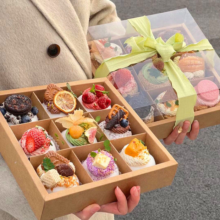 10 Pcs Nine-Grid Cake Box Transparent Lid Kraft Paper PET 25 x 25 x 10 cm