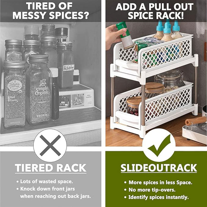 2 Tier Spice Rack Storage Organiser Plastic with Pull-Out Drawer