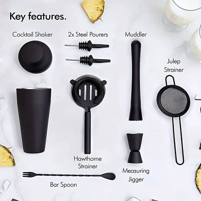 8 Piece Cocktail Shaker Set 700ML Stainless Steel Black