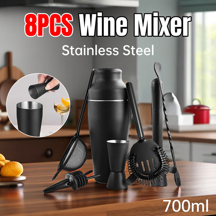 8 Piece Cocktail Shaker Set 700ML Stainless Steel Black