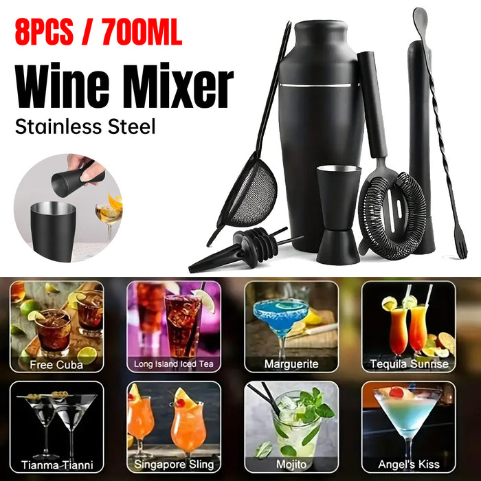 8 Piece Cocktail Shaker Set 700ML Stainless Steel Black