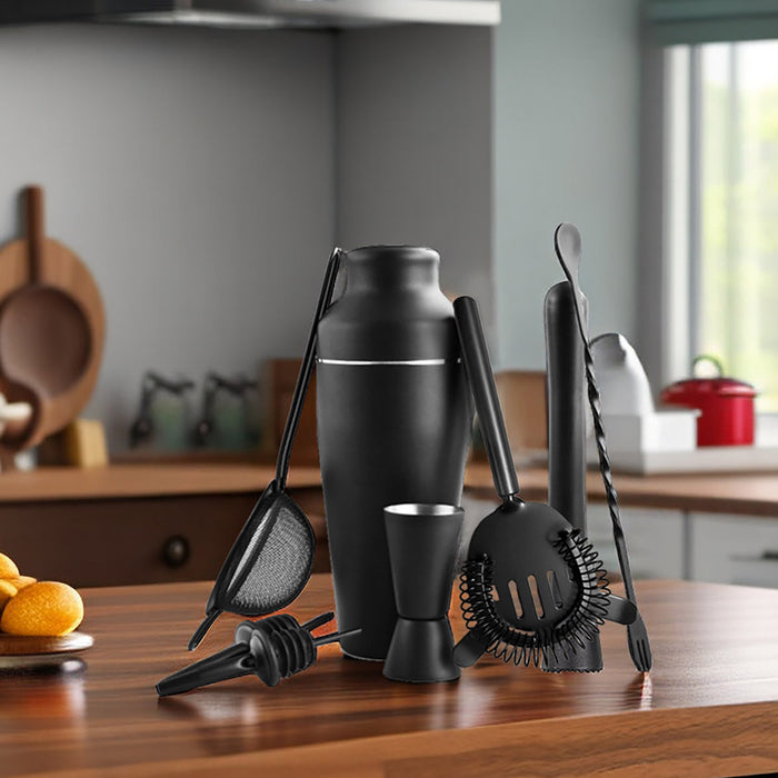 8 Piece Cocktail Shaker Set 700ML Stainless Steel Black