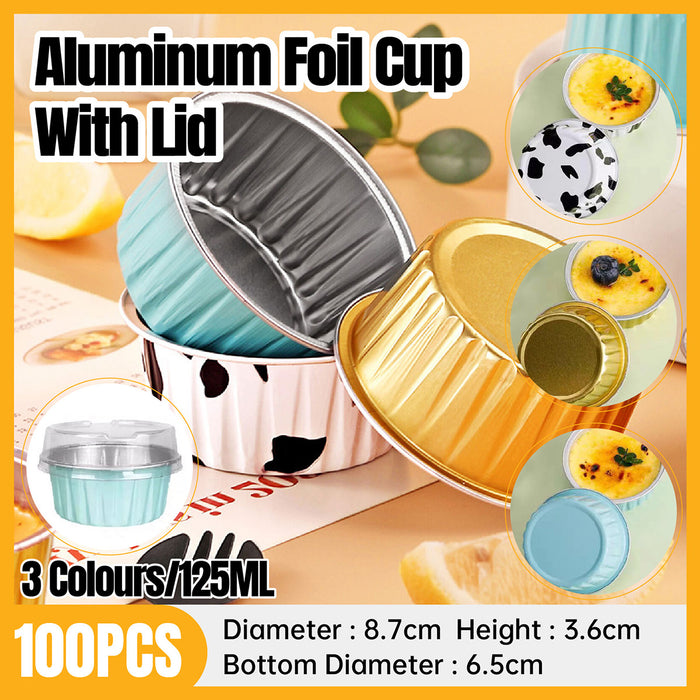 100 Pcs Aluminium Foil Pudding Cups with Lids 125 ml 8.7 cm Oven Safe