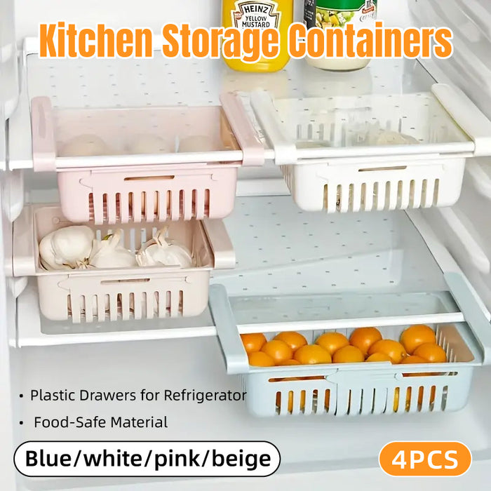 4PCS Fridge Storage Basket Organiser Adjustable Plastic Bins