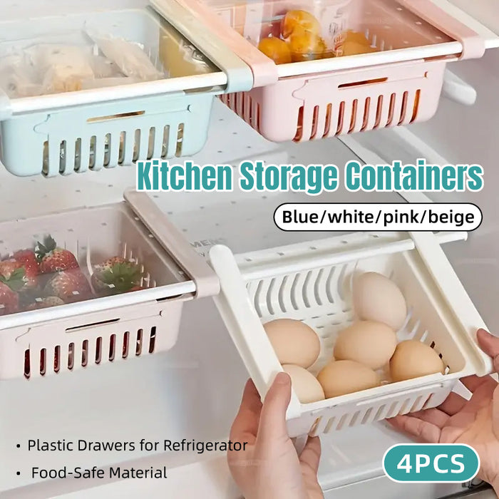 4PCS Fridge Storage Basket Organiser Adjustable Plastic Bins