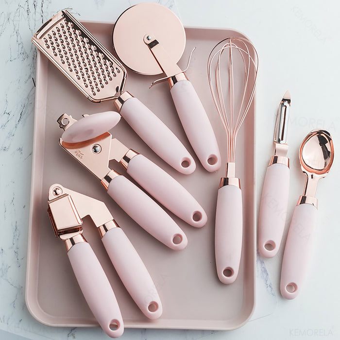 Copper Plated Stainless Steel Kitchen Tool Set of 7, Pink