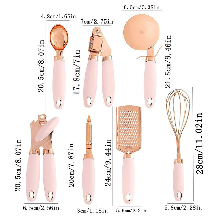 Copper Plated Stainless Steel Kitchen Tool Set of 7, Pink