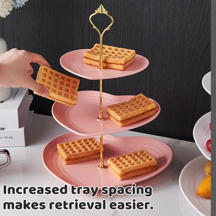 3 Pcs 3-Tier Porcelain Dessert Stand with Gold Heart Handle 26 x 33 cm