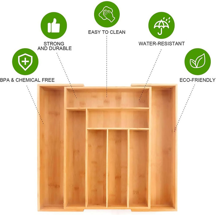 Expandable Bamboo Cutlery Tray Adjustable 32cm to 50cm