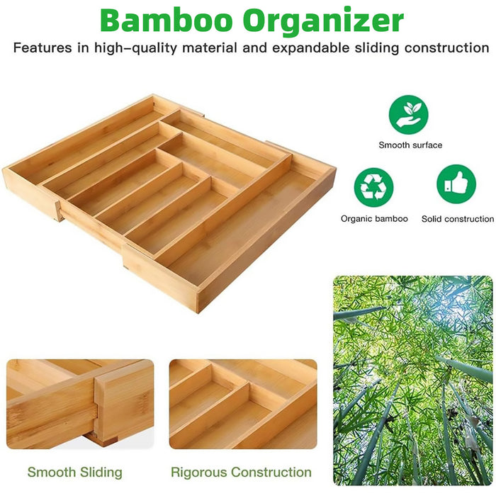 Expandable Bamboo Cutlery Tray Adjustable 32cm to 50cm