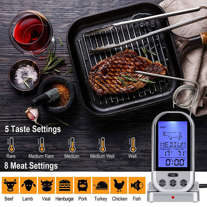 Wireless Remote Cooking Thermometer with Timer, Silver Grey
