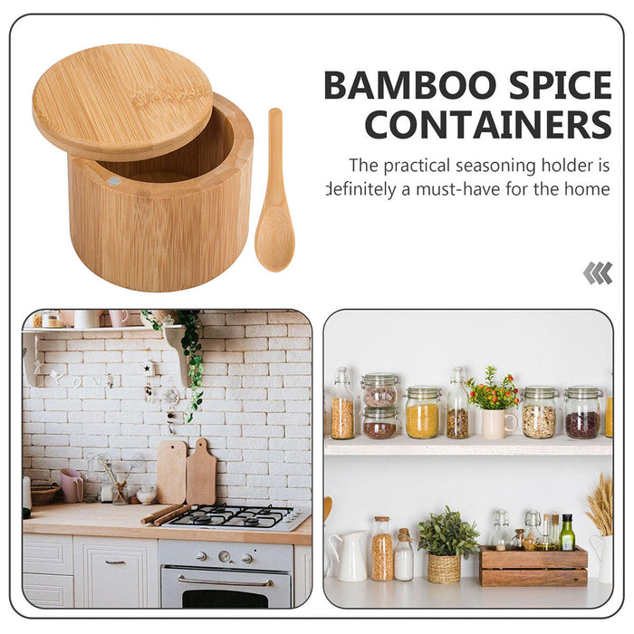 Bamboo Salt Box With Magnetic Swivel Lid And Spoon