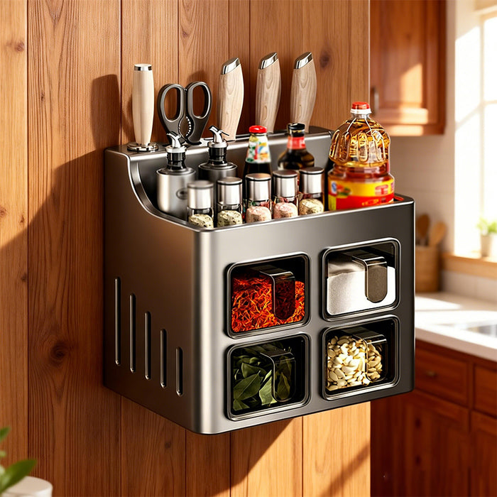 Wall-Mounted Spice Rack with Knife Holder 4 Sealed Drawers
