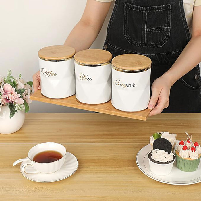 3 Pcs Ceramic Airtight Storage Jars with Bamboo Lids and Tray