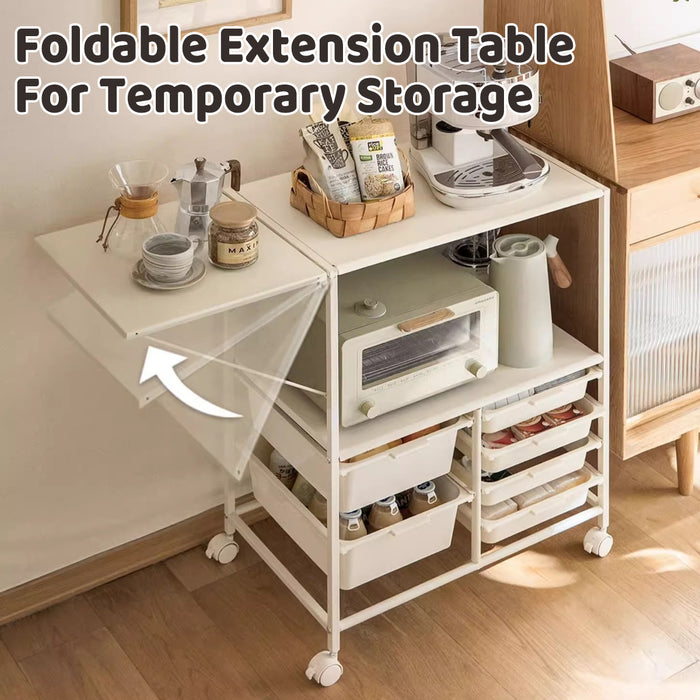 Movable Multilayer Side Table with Foldable Extension and Drawers
