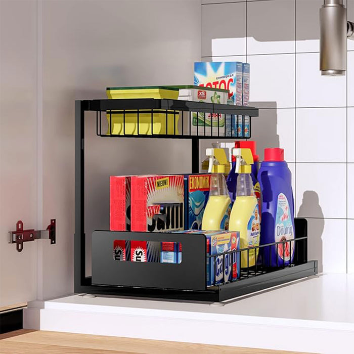 Two Tier Metal Storage Rack with Sliding Basket Black