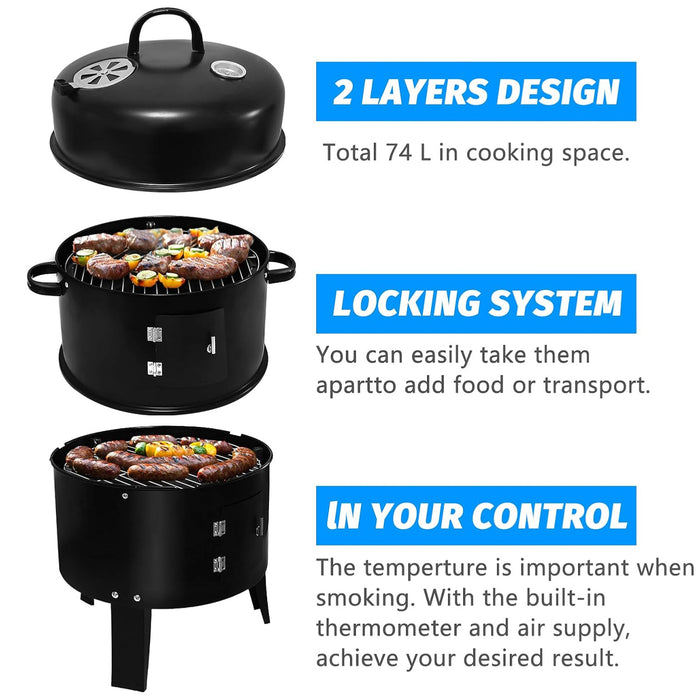EW 3-in-1 Portable Charcoal Smoker BBQ Grill Powder-Coated Steel 40 x 80 cm