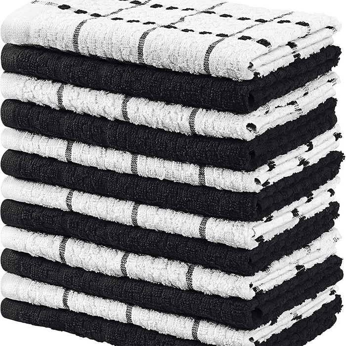 12pcs Cotton Dish Towel Set, Black White Checkered Kitchen Cleaner